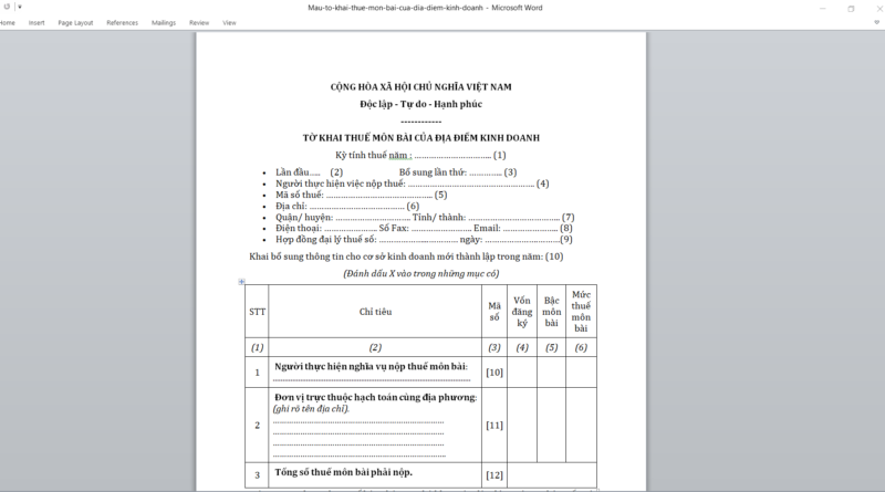 Mẫu tờ khai thuế môn bài của địa điểm kinh doanh file word