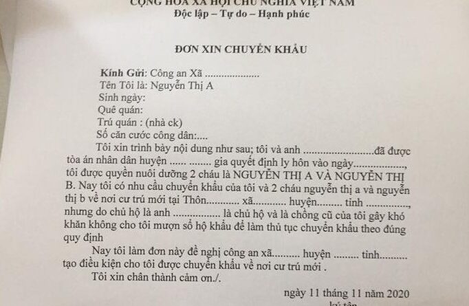 Đơn xin chuyển hộ khẩu